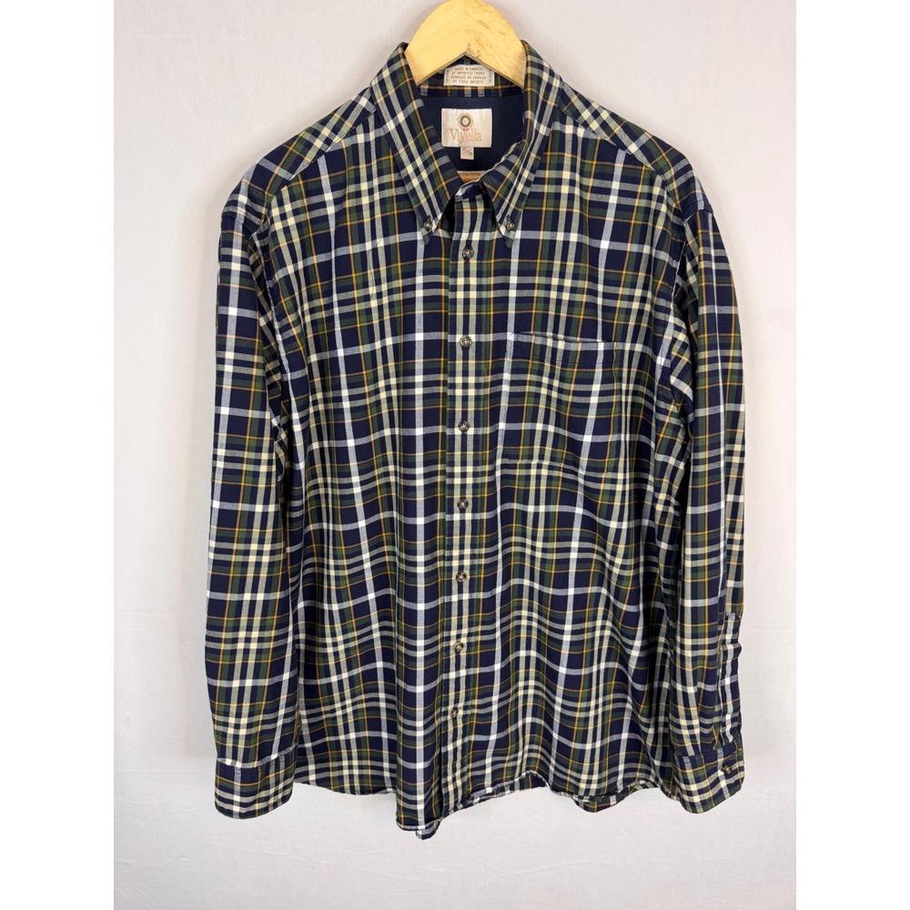 Viyella Mens XL Plaid Button Shirt Cotton Wool Blend Navy Green Canada 80